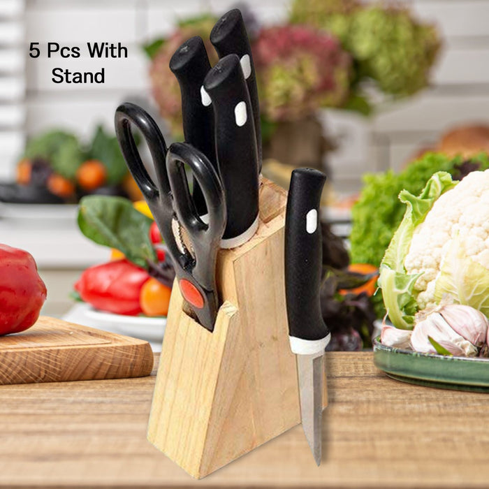 0102 Kitchen Knife Set with Wooden Block and Scissors (5 pcs, Black)