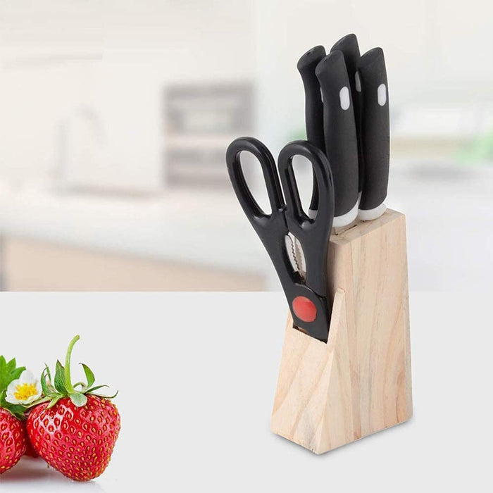 0102 Kitchen Knife Set with Wooden Block and Scissors (5 pcs, Black)