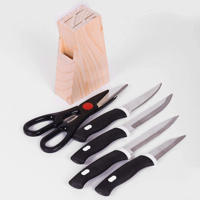 0102 Kitchen Knife Set with Wooden Block and Scissors (5 pcs, Black)