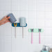 Wall-mounted plastic holder, organizer for bathroom, with shelf and hooks.