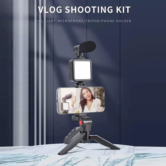 6054 Vlogging Kit for Video Making with Mic Mini Tripod Stand, LED Light & Phone Holder Clip for Making Videos 