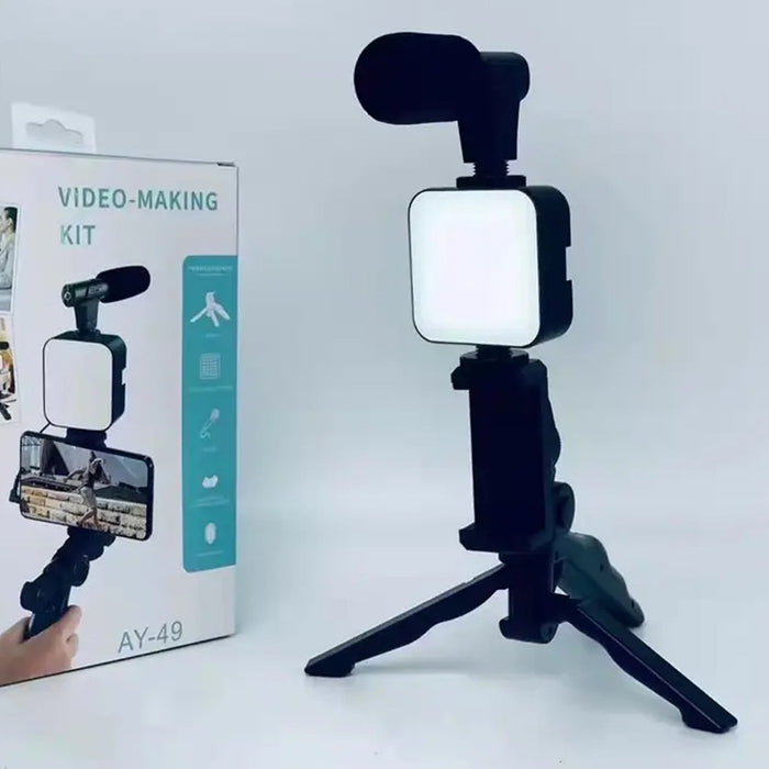 6054 Vlogging Kit for Video Making with Mic Mini Tripod Stand, LED Light & Phone Holder Clip for Making Videos 